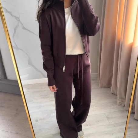 Women's Elegant Knitted with Double-Zipper Cardigan and Long Pants Solid Color Soft Warm Autumn Winter Two-Piece Set