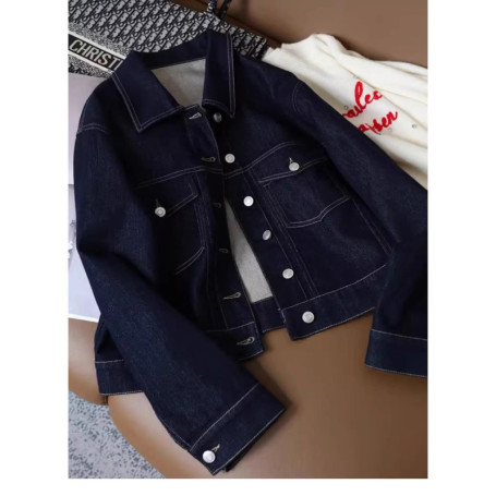 Retro Dark Blue Denim Jacket Women Spring Autumn Simple Turn Down Collar Long Sleeved Outerwear Female Jean Jacket
