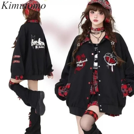 Kimutomo Women Jackets Patchwork Plaid Autumn Winter Loose Outwear Baseball Tops Vintage Y2k Harajuku Grunge Coats Female