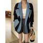 Women Denim Coats Mid Length Coat Two Fakes Loose Casual Turn Down Collar Y2k Streetwear Jackets Work Splice Jacket 2025