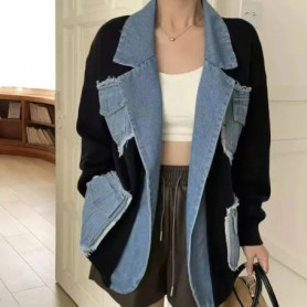 Women Denim Coats Mid Length Coat Two Fakes Loose Casual Turn Down Collar Y2k Streetwear Jackets Work Splice Jacket 2025