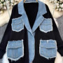 Women Denim Coats Mid Length Coat Two Fakes Loose Casual Turn Down Collar Y2k Streetwear Jackets Work Splice Jacket 2025