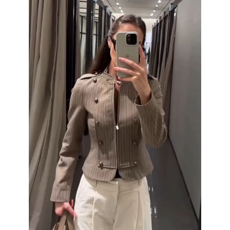 HH 2026 Women Fashion Stripes Zipper Slim Short Jacket Long Sleeves Loose Female High Street Blazer Elegant Chic Coat Mujer