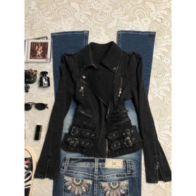 MEXZT Y2K Cropped Denim Jackets Women Harajuku Vintage Black Jeans Coats Streetwear Grunge Gothic Long Sleeve Zipper Outerwears
