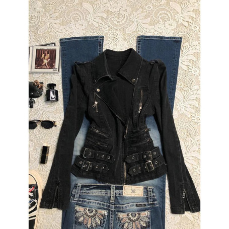 MEXZT Y2K Cropped Denim Jackets Women Harajuku Vintage Black Jeans Coats Streetwear Grunge Gothic Long Sleeve Zipper Outerwears