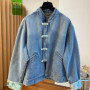 Light blue new Chinese denim jacket women's autumn and winter new retro buckle design sense short temperament Joker slim top.