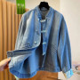 Light blue new Chinese denim jacket women's autumn and winter new retro buckle design sense short temperament Joker slim top.