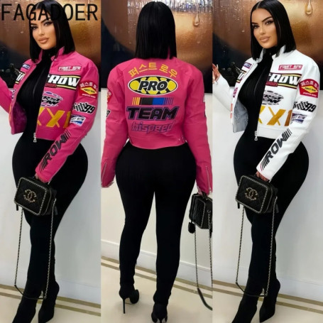 FAGADOER Y2k Fashion Letter Print Leather Patchwork Bodycon Jacket Woman Moto Long Sleeve Zipper Jacket Female Streetwear 2025