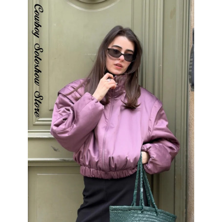 Fashion Purple Cropped Street Jacket Women Stand Neck Shoulder Pad Elastic Hem Zipper Spring Jackets Lady New Casual Outwear