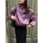 Fashion Purple Cropped Street Jacket Women Stand Neck Shoulder Pad Elastic Hem Zipper Spring Jackets Lady New Casual Outwear