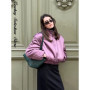 Fashion Purple Cropped Street Jacket Women Stand Neck Shoulder Pad Elastic Hem Zipper Spring Jackets Lady New Casual Outwear