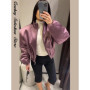 Fashion Purple Cropped Street Jacket Women Stand Neck Shoulder Pad Elastic Hem Zipper Spring Jackets Lady New Casual Outwear