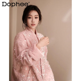 Chinese Style Sequined Buckle Pink Coat 2025 New Spring Standard-up Neck Cardigan Top Single Breasted Jackets for Women