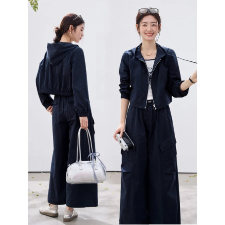 VIMLY Women's Tracksuit 2026 Spring New Utility Cargo Style Printed Tank Top Hooded Jacket Wide Leg Pant Set 3 Piece Woman 30723