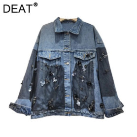 DEAT Women's Denim Coat Turn-down Collar Patchwork Mesh Beading Sequins Design Single Breasted Jackets 2026 Spring New 29A6166