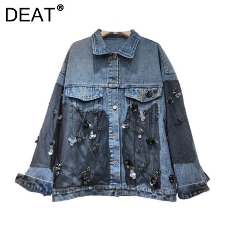 DEAT Women's Denim Coat Turn-down Collar Patchwork Mesh Beading Sequins Design Single Breasted Jackets 2026 Spring New 29A6166