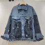 DEAT Women's Denim Coat Turn-down Collar Patchwork Mesh Beading Sequins Design Single Breasted Jackets 2026 Spring New 29A6166