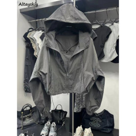 3 Colors Jackets Women Summer Crop Leisure Sunscreen Hooded Thin Loose Vintage Pure Basic Outerwear High Street College Fashion