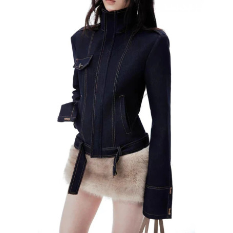 2026 Stand Neck Women Vintage Denim Jackets Women Harajuku Casual Slim Fit Zipper Coat Streetwear Punk Pocket Grunge Outwear