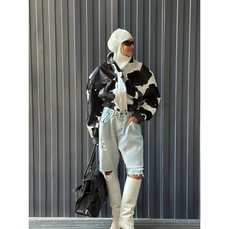 Cow Patterned Stand Up Collar Short Jacket Women Fashion Chic Zipper Loose Jackets Lady New Autumn Casual Commute Streetwear