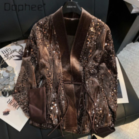 New Chinese Style Heavy Sequin Velvet Button Coat for Women Elegant V-Neck Slim Loose Slim Trendy High-End Coat Female