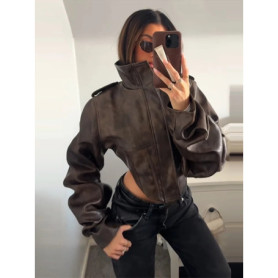 Vintage Women's Cropped Faux Leather Jacket Stand Collar Balloon Sleeve Biker Style PU Leather Coat Streetwear Fashion Outfit