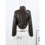Vintage Women's Cropped Faux Leather Jacket Stand Collar Balloon Sleeve Biker Style PU Leather Coat Streetwear Fashion Outfit