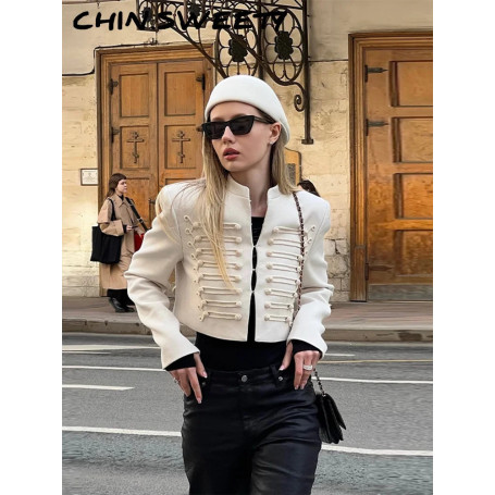 Chic Twisted Buckle Crop Jacket Women Street Full Sleeve O-Neck Single Breasted Lady Jackets 2026 Spring Casual Female Outwear