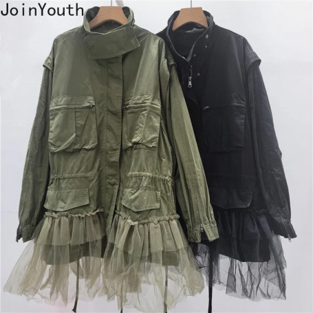 2025 Women's Clothing Streetwear Jackets Patchwork Gauze Drawstring Outerwear Fashion Overcoats Y2k Tops Casual Fashion Coats