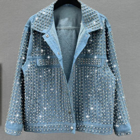 Luxury Women Patchwork Diamonds Rivets Denim Jacket Lapel Rhinestones Jeans Coats Outerwear Autumn Streetwear Loose Cardigan