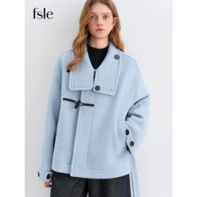 FSLE 2025 Winter Women's Retro Pea Coat Short Wool Blend Jacket with Large Lapel Horn Buttons - Relaxed Fit Casual Outerwear
