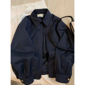 Navy Blue Turndown Collar Jacket Solid Color Casual Long Sleeved Outwear Women's Spring Autumn Workwear Style Zipper Loose Top