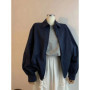 Navy Blue Turndown Collar Jacket Solid Color Casual Long Sleeved Outwear Women's Spring Autumn Workwear Style Zipper Loose Top