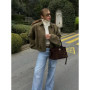 Retro Brown Suede Lapel Zippered Short Jackets Women's Casual Full Sleeves Pocket Loose Coats 2026 Spring Daily Commute Outwear