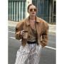 Retro Brown Suede Lapel Zippered Short Jackets Women's Casual Full Sleeves Pocket Loose Coats 2026 Spring Daily Commute Outwear