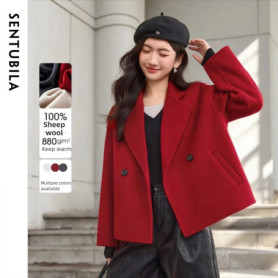 SENTUBILA Women's Wool Coats Solid Notched Long-sleeve Loose-fit Coats 2026 Winter New Double-Faced Wool Short Coat W54OA8777
