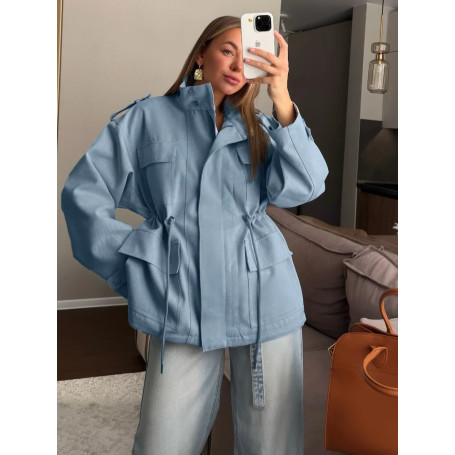 Solid High Neck Drawstring Waist Women Jacket Long Sleeve Cargo Pockets 2025 Autumn Casual Women Outerwear Trendy Chic Lady Coat