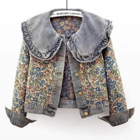 Spring Autumn Jacquard Embroidery Peter Pan Collar Denim Jacket Women Loose Short Cowboy Outerwear Casual Jeans Jacket Female