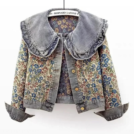Spring Autumn Jacquard Embroidery Peter Pan Collar Denim Jacket Women Loose Short Cowboy Outerwear Casual Jeans Jacket Female