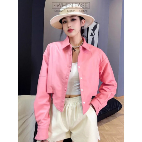 Women Personality Pink Genuine Leather Jacket Lapel Collar Single Breasted Streetwear Long Sleeve Motorcycle Short Style Coat
