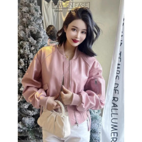 Casual Women Genuine Leather Bomber Jacket Stand Collar Long Sleeve Streetwear Outerwear Punk Female Real Sheepskin Short Coat