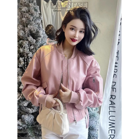 Casual Women Genuine Leather Bomber Jacket Stand Collar Long Sleeve Streetwear Outerwear Punk Female Real Sheepskin Short Coat