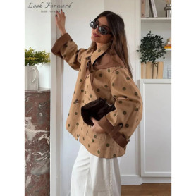 Polk Dot Lapel Coats With Scarf Women's Oversize Full Sleeves Double-breasted Pockets Jackets 2026 New Ladies Spring Outwear