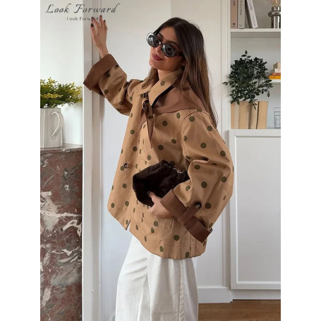 Polk Dot Lapel Coats With Scarf Women's Oversize Full Sleeves Double-breasted Pockets Jackets 2026 New Ladies Spring Outwear