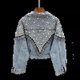 2024 New Mujer Spring Autumn Streetwear Denim Jacket Women Hand-studded Pearls Punk Tassel Veste Femme Loose Short Jeans Coats