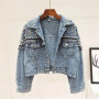 2024 New Mujer Spring Autumn Streetwear Denim Jacket Women Hand-studded Pearls Punk Tassel Veste Femme Loose Short Jeans Coats