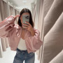 2026 Spring Women Pink Cropped Jacket Fashion Lapel Oversized Puff Sleeves Zipper Lightweight Chic Coat Lady Casual Streetwear