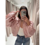 2026 Spring Women Pink Cropped Jacket Fashion Lapel Oversized Puff Sleeves Zipper Lightweight Chic Coat Lady Casual Streetwear