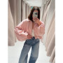 2026 Spring Women Pink Cropped Jacket Fashion Lapel Oversized Puff Sleeves Zipper Lightweight Chic Coat Lady Casual Streetwear