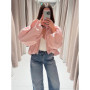 2026 Spring Women Pink Cropped Jacket Fashion Lapel Oversized Puff Sleeves Zipper Lightweight Chic Coat Lady Casual Streetwear